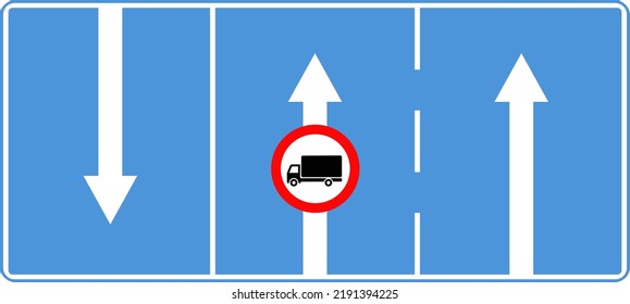 Special rules road signs. The direction of movement along the lanes. Three traffic lanes with arrows on a blue rectangle. Vector image.