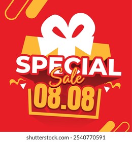 Special Sale 08.08 banner with vibrant red background, bold 'Special Sale' text, and a gift icon, highlighting exclusive offers for early month sale event.