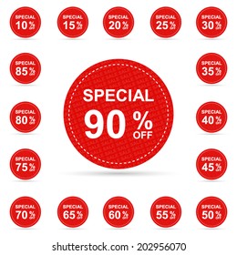 special sale 10,15,20,25,30,35,40,45,50,55,60,65,70,75,80,85,90 percent on circle red label set (vector) 