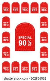 special sale 10,15,20,25,30,35,40,45,50,55,60,65,70,75,80,85,90 percent on rounded square red label set (vector) 