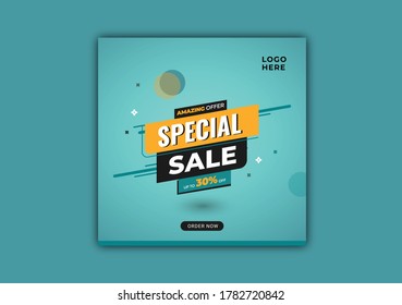 Special sale up to 30% off. Sale banner template design with dynamic aqua color background and bright color. Applicable for promotional, social media post, marketing kit.