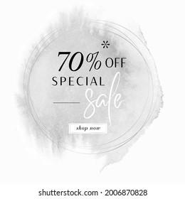 Special Sale 70% OFF Sign over grey watercolor paint background with silver round frame - Vector. Shop banner.