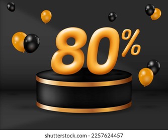 Special sale 80 percent off. realistic golden 3d number with podium decoration and balloons isolated on black background. vector illustration