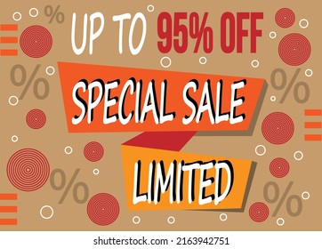 Special sale 95% discount. Banner with 95% price reduction on limited product units.