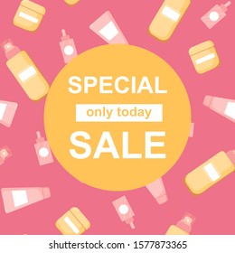 Special Sale banner with skincare product.  Cosmetics symbols. Commercial beauty product template, background. Vector Illustration