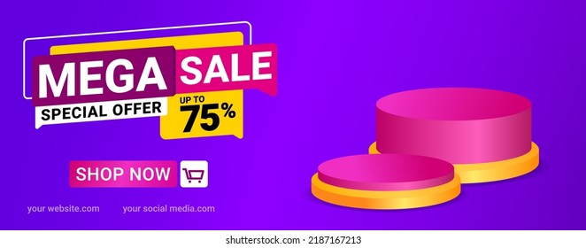 special sale banner social media template post with blank space podium for product with gradient blue and purple background