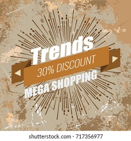 Special sale or discount offer ribbon banner with radial star light rays and with grunge style background