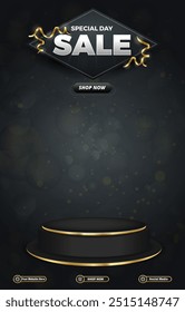 special sale discount portait template banner with blank space 3d podium for social media post product sale with abstract gradient black background design 16