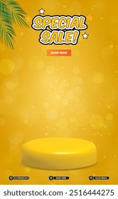 special sale discount portait template banner with blank space 3d podium for social media post product sale with abstract gradient yellow background design 8