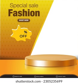 special sale fashion discount square social media post template banner with copy space 3d podium with abstract gradient yellow background design