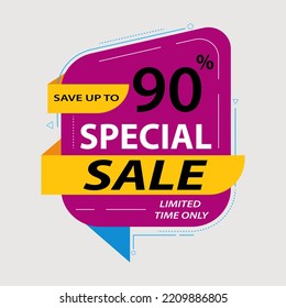 SPECIAL sale magenta banner with offer details.
Big sale special offers up to 90% off. Super Sale, end of season special offer banner. vector illustration.