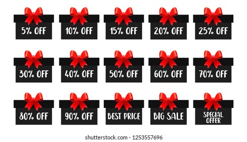 Special sale offer. Set of black gift boxes. Isolated on white background. Discount offer price. Vector illustration. Flat design.