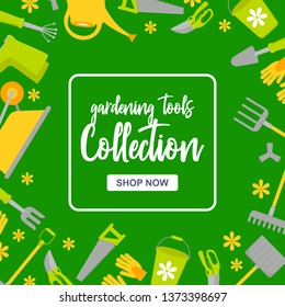 Special sale poster with garden tools on green background. Gardening intstuments collection with button shop now. Vector Illustration 