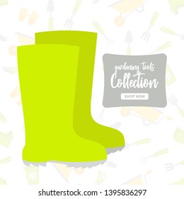 Special sale poster with garden tools on gardening tools background. Gardening intstuments collection with button shop now. Vector Illustration 