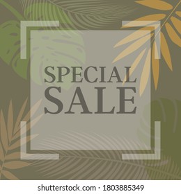 SPECIAL SALE promotional flyer template for website or social media with tropical plant leaves pattern vector illustration