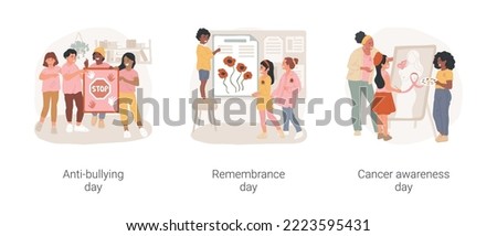 Special school days isolated cartoon vector illustration set. Anti-bullying day, World War victory remembrance, cancer awareness poster, poppy seed flower, create bulletin board vector cartoon.