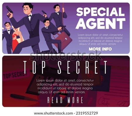 Special secret agent services banners collection, flat vector illustration. Spy or secret undercover agents special forces banners with characters of people.