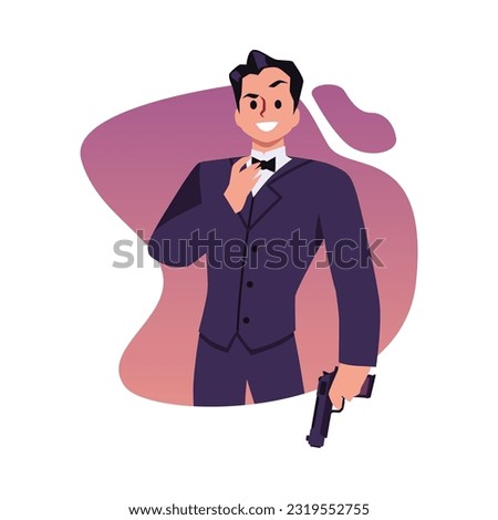 Special secret agent in tuxedo armed with a pistol, flat vector illustration isolated on white background. Special agent male character at decorative backdrop.