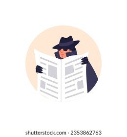 Special secret agent wearing sunglasses and a hat spying under cover of a newspaper. Private detective cartoon male character. Haunts mission flat vector illustration isolated in round frame