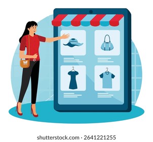 Special service market concept. Beautiful female customers buy hats, bags and clothes online from their smart phones.