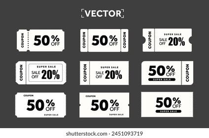 Special set of coupons template in black and white for printing with coupon code, percentage off. Voucher  icon set, isolated on dark background. Coupon code set. Vector illustration.
