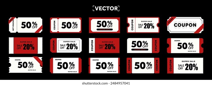 Special set of coupons template with coupon code, percentage off. Red Voucher icon set, isolated on dark background. Coupon code set for Black Friday. Vector illustration.