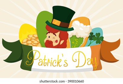 Special set of St. Patrick's Day elements: leprechaun elf, gold coins, lucky clovers and foamy beer!