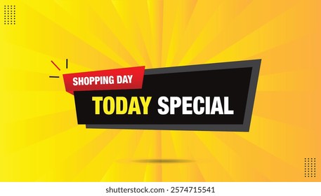 Today’s Special Shopping Day Icon Label: Editable vector design template featuring bold black and red shapes, complemented by a vibrant yellow-orange gradient background for a hot, eye-catching look