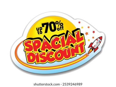 Special or space discount with rocket  and percent. Metaphor or wordplay for product promotion. UFO shape sticker with outline for cutting. Vector on transparent background