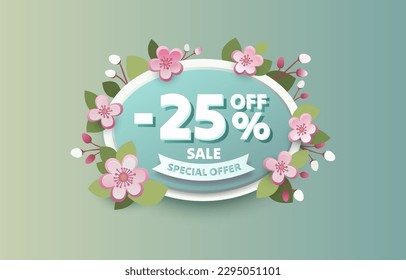 Special spring discount as a gift to the buyer, -25 Percentage off sale. 25% income or 25% off on sale concept. Green discount offer price sign. Vector illustration