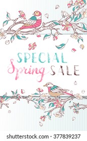 Special Spring Sale. Hand drawn spring flowers and bird. Handwritten grunge brush lettering. Vector card template. You can place your text in the center.