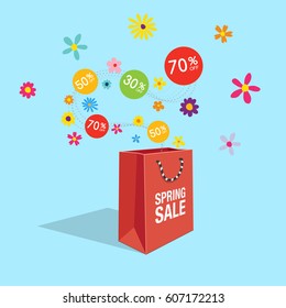 Special spring, summer offer sale discount symbol with shopping bag and flow labels and flowers isolated on light blue background. Easy to use for your design with transparent shadows.