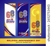 Special stand banner set of 68 years Malaysia Independence Day or Merdeka Day 2025 featuring 68 logo, abstract gradient background and Merdeka tower national pride. 