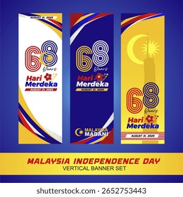 Special stand banner set of 68 years Malaysia Independence Day or Merdeka Day 2025 featuring 68 logo, abstract gradient background and Merdeka tower national pride. 