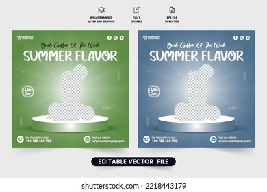 Special summer fruit cocktail and juice sale social media post vector. Juice bar promotion web banner template design with green and blue colors. Summer time cocktail discount poster for marketing.