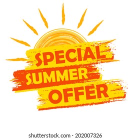 special summer offer banner - text in yellow and orange drawn label with sun symbol, business seasonal shopping concept, vector