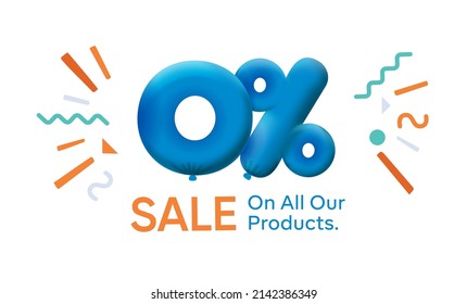 Banner especial de venta de verano 0% de descuento en forma de globos 3d Diseño Vector azul estacional promoción de compras ilustración 3d números para etiqueta de oferta Disfrutar descuentos Hasta 0% de descuento