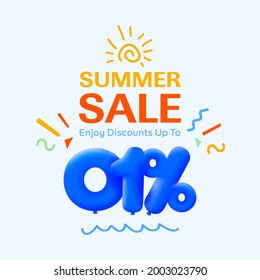 Special summer sale banner 1% discount in form of 3d blue balloons sun Vector design, seasonal shopping promo advertisement, illustration 3d numbers for tag offer label Enjoy Diccounts Up to 1% off