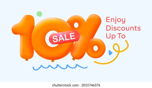 Banner especial de venta de verano 10% de descuento en forma de globos amarillos 3d diseño de vectores de sol ilustración de promoción de compras estacional números 3d para etiqueta de oferta de etiquetas Disfrutar descuentos Hasta 10% de descuento