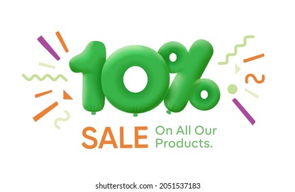 Special summer sale banner 10% discount in form of 3d balloons Green Vector design seasonal shopping promo advertisement illustration 3d numbers for tag offer label Enjoy Discounts Up to 10% off