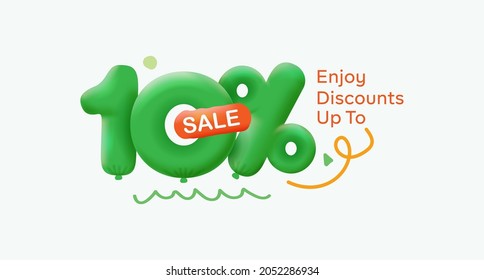 Special summer sale banner 10% discount in form of 3d balloons Green Vector design seasonal shopping promo advertisement illustration 3d numbers for tag offer label Enjoy Discounts Up to 10% off
