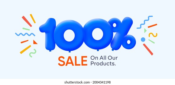 Special summer sale banner 100% discount 3d blue balloons sun Vector design, seasonal shopping promo advertisement, illustration 3d numbers for tag offer label Enjoy Diccounts Up to 100% off