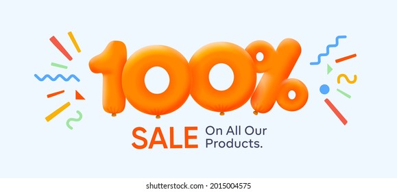 Special summer sale banner 100% discount form of 3d yellow balloons sun Vector design seasonal shopping promo advertisement illustration 3d numbers for tag offer label Enjoy Discounts Up to 100% off