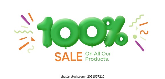 Special summer sale banner 100% discount form of 3d balloons Green Vector design seasonal shopping promo advertisement illustration 3d numbers for tag offer label Enjoy Discounts Up to 100% off