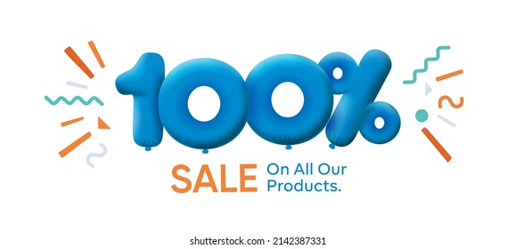 Special summer sale banner 100% discount form of 3d balloons Blue Vector design seasonal shopping promo advertisement illustration 3d numbers for tag offer label Enjoy Discounts Up to 100% off