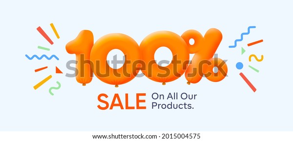 Special summer sale banner 100% discount form of 3d\
yellow balloons sun Vector design seasonal shopping promo\
advertisement illustration 3d numbers for tag offer label Enjoy\
Discounts Up to 100%\
off