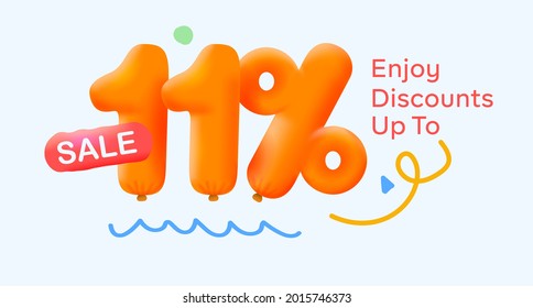Special summer sale banner 11% discount in form of 3d yellow balloons sun Vector design seasonal shopping promo advertisement illustration 3d numbers for tag offer label Enjoy Discounts Up to 11% off