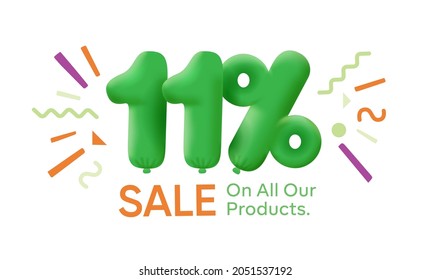 Special summer sale banner 11% discount in form of 3d balloons Green Vector design seasonal shopping promo advertisement illustration 3d numbers for tag offer label Enjoy Discounts Up to 11% off