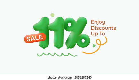 Special summer sale banner 11% discount in form of 3d balloons Green Vector design seasonal shopping promo advertisement illustration 3d numbers for tag offer label Enjoy Discounts Up to 11% off
