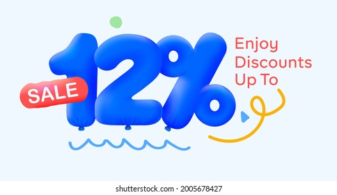 Special summer sale banner 12% discount in form of 3d blue balloons sun Vector design, seasonal shopping promo advertisement, illustration 3d numbers for tag offer label Enjoy Diccounts Up to 12% off